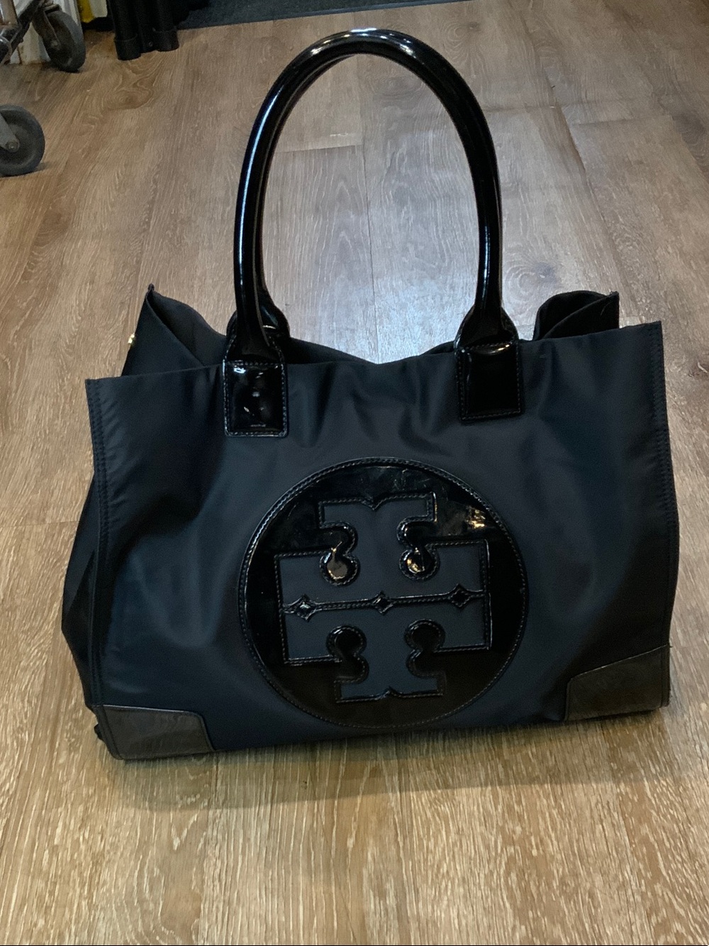 Tory Burch Black Tote Bag with Patent Trim and Logo Accent